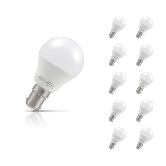 10-Pack Crompton Golfball LED Light Bulbs B15 6.5W (60W Eqv) Dim Cool White Opal Round Small Bayonet Frosted 1