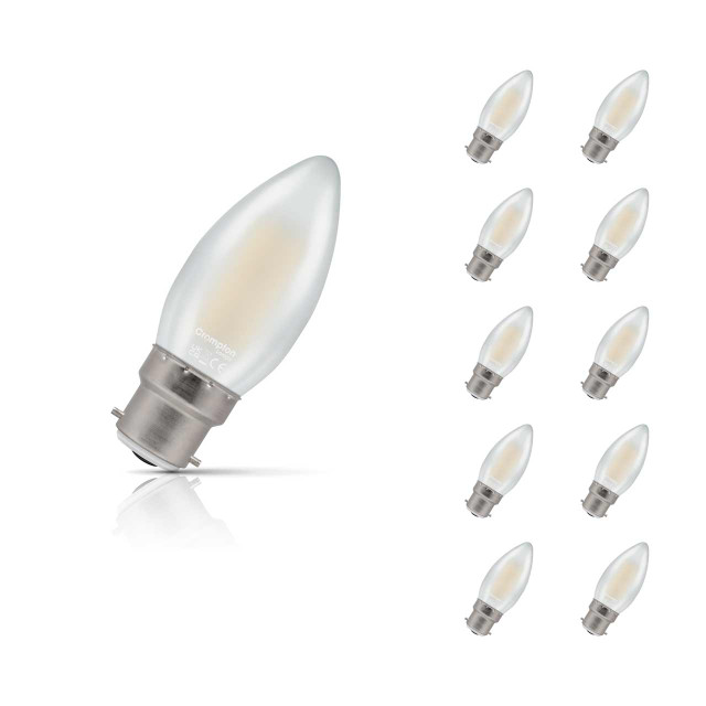 10-Pack Crompton Candle LED Light Bulbs B22 6.5W (60W Eqv) Warm White Pearl Filament Bayonet Frosted Multipack