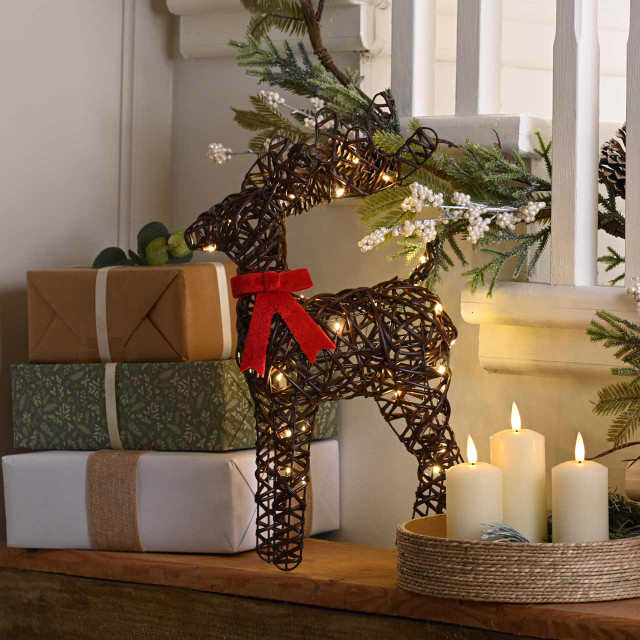 Festive 37cm Battery Operated Lit Reindeer With Bow 30 Warm White LEDs 1