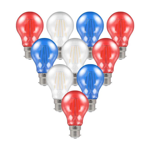 10-Pack Crompton GLS LED Light Bulbs B22 4.5W Red, White and Blue Translucent Festoon Coronation Bayonet Coloured