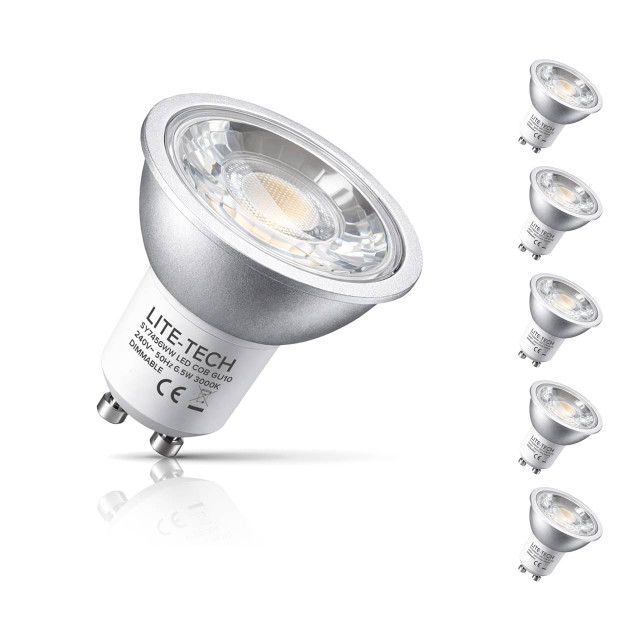 5-Pack LiteTech GU10 Spotlight LED Light Bulbs 6.5W (50W Eqv) Dim Warm White Halogen Replacement COB Twist and Lock