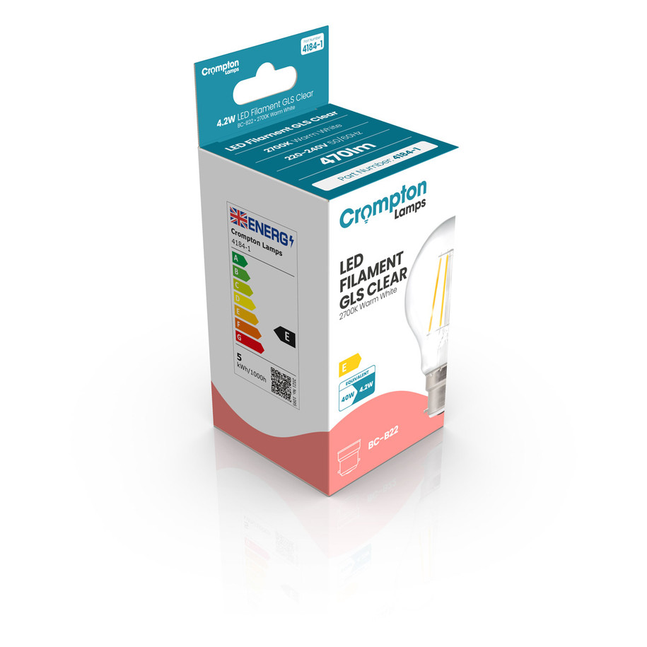 Crompton GLS LED Light Bulb Dimmable B22 4.2W (40W Eqv) Warm White Filament Clear 2