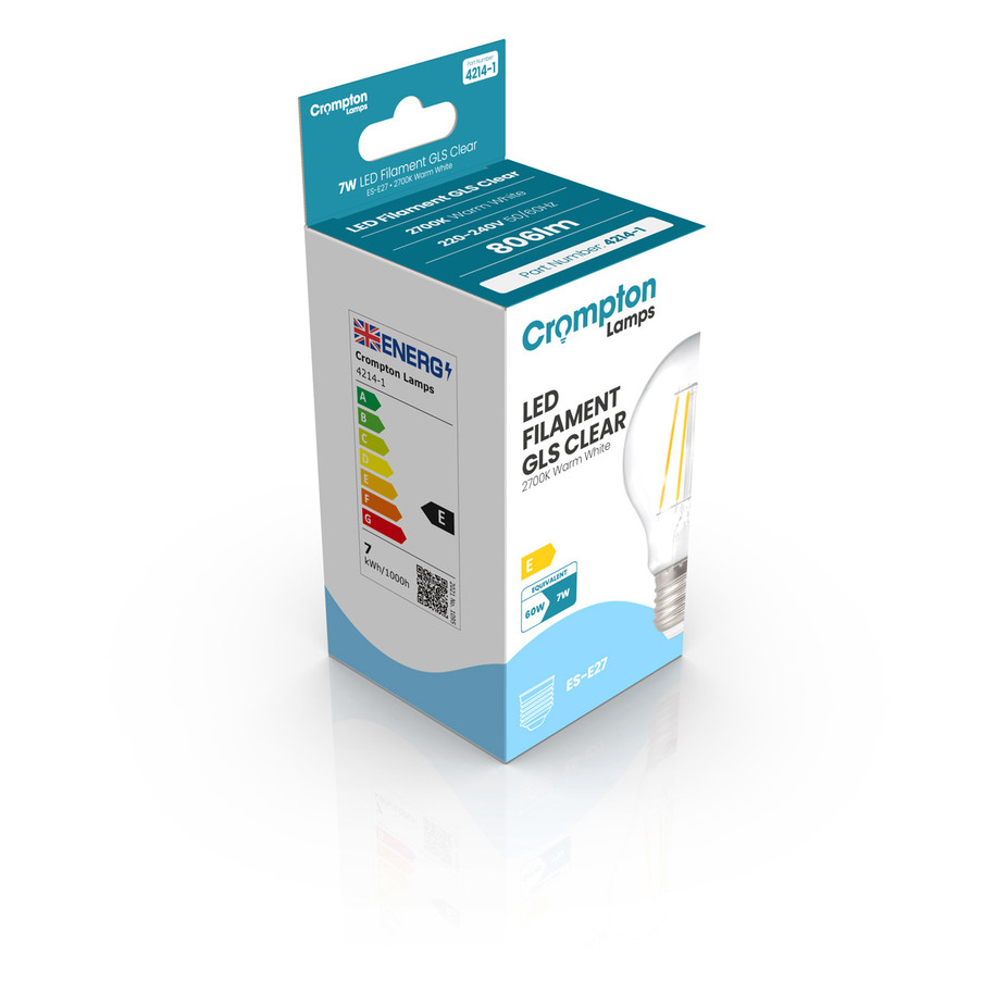 Crompton GLS LED Light Bulb Dimmable E27 7W (60W Eqv) Warm White Filament Clear 2