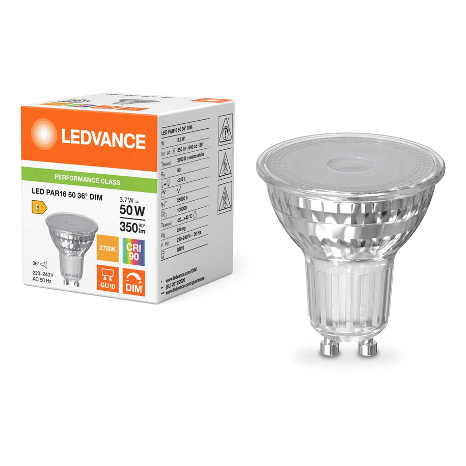 Ledvance GU10 Spotlight LED Light Bulb 3.7W (50W Eqv) Dim Warm White Clear Performance Class Halogen Replacement 36°  2