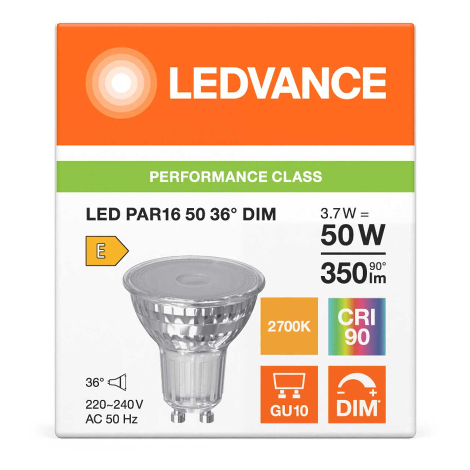 Ledvance GU10 Spotlight LED Light Bulb 3.7W (50W Eqv) Dim Warm White Clear Performance Class Halogen Replacement 36°  3