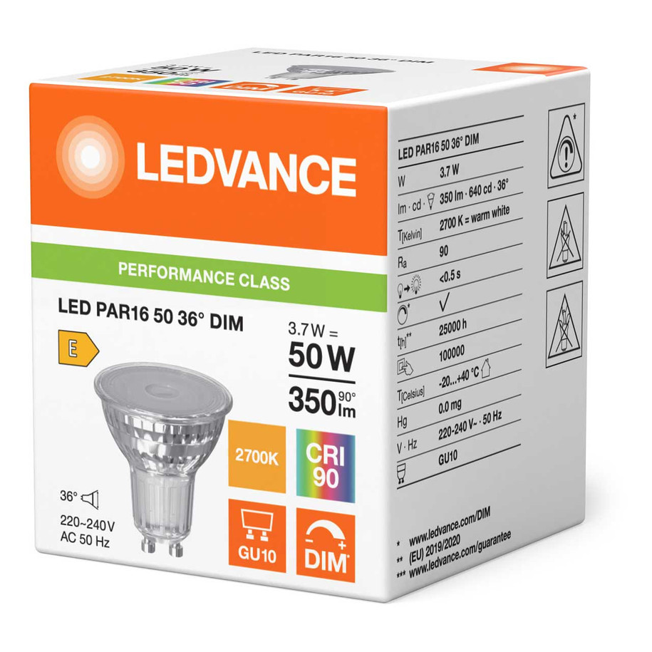 Ledvance GU10 Spotlight LED Light Bulb 3.7W (50W Eqv) Dim Warm White Clear Performance Class Halogen Replacement 36°  4