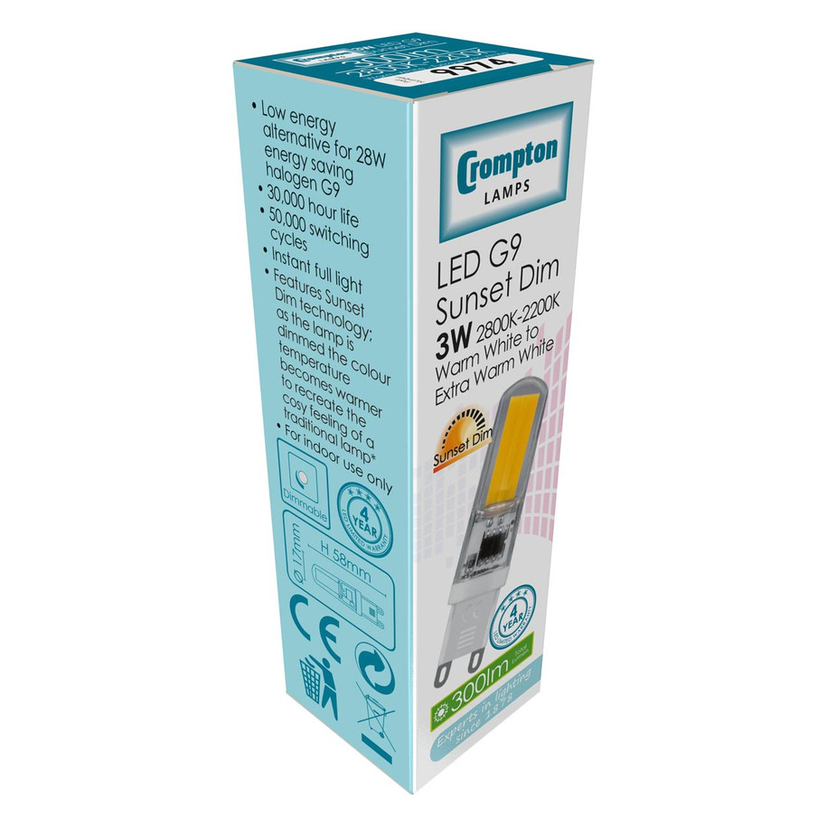 Crompton Lamps Dimmable LED Sunset Dim G9 Capsule 3W Warm White Clear (30W Eqv) Image 3