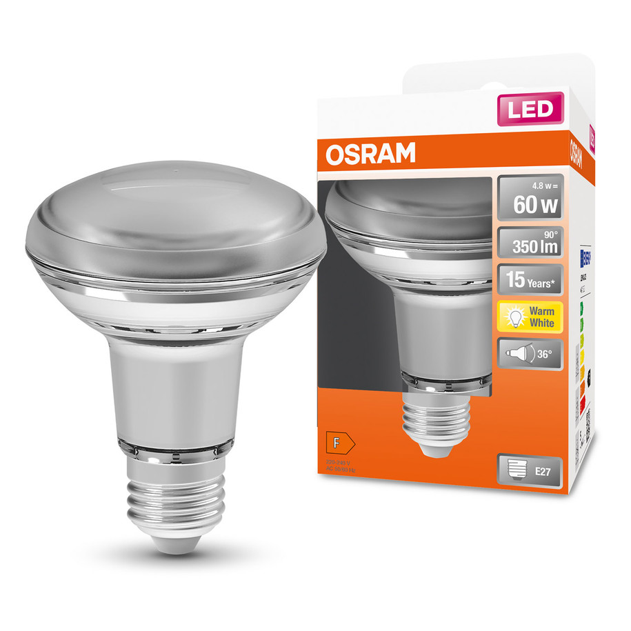 Osram R80 Reflector LED Light Bulb E27 4.8W (60W Eqv) Warm White Diffused Star Spotlight Screw 36° 3