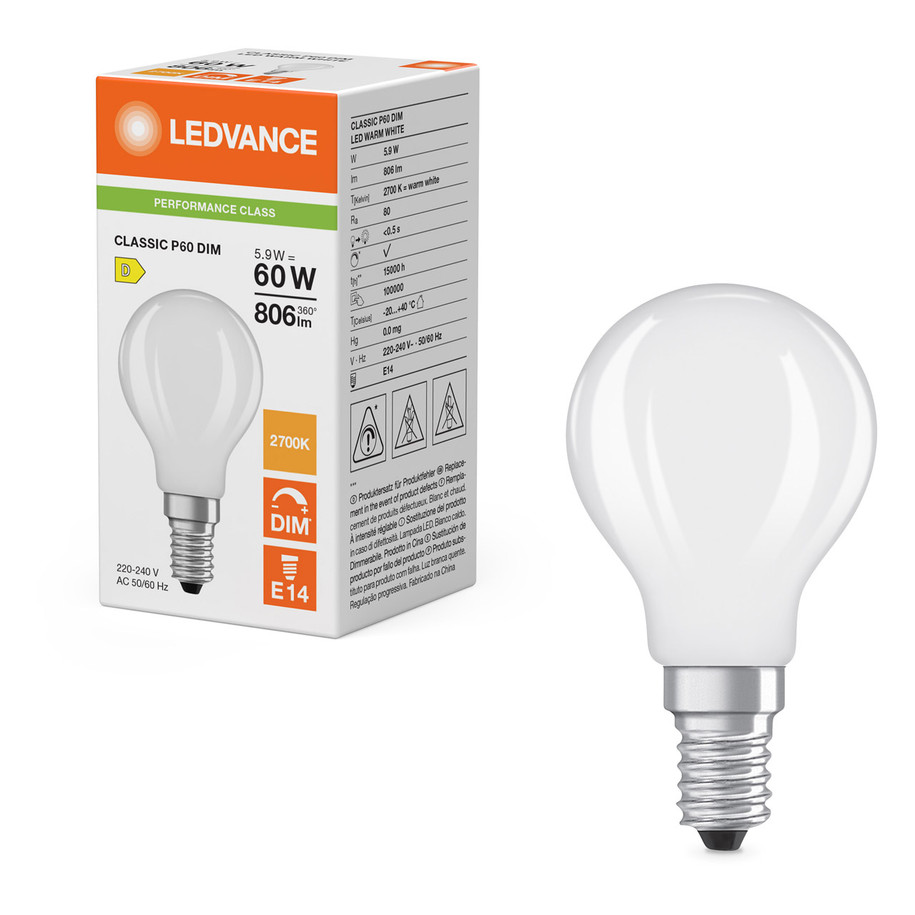 Ledvance Golfball LED Light Bulb E14 5.9W (60W Eqv) Dim Warm White Pearl Performance Class Round Small Screw Frosted 2