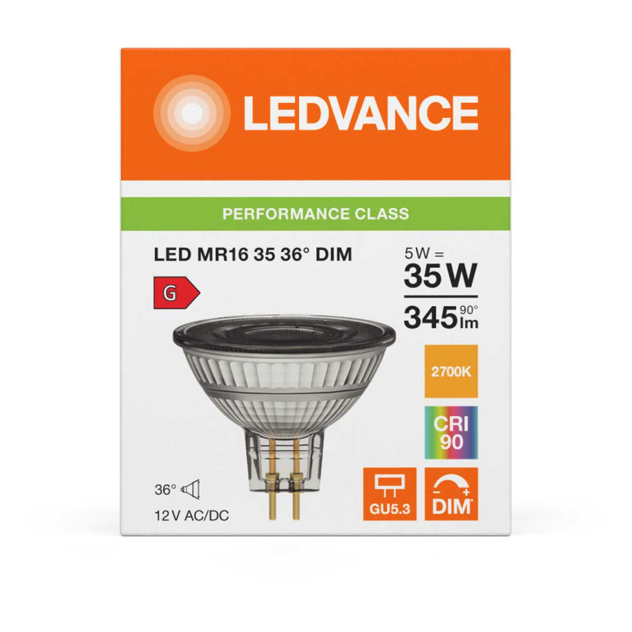 Ledvance LED MR16 Bulb 5W GU5.3 12V Dimmable Performance Class Warm White 36° 4