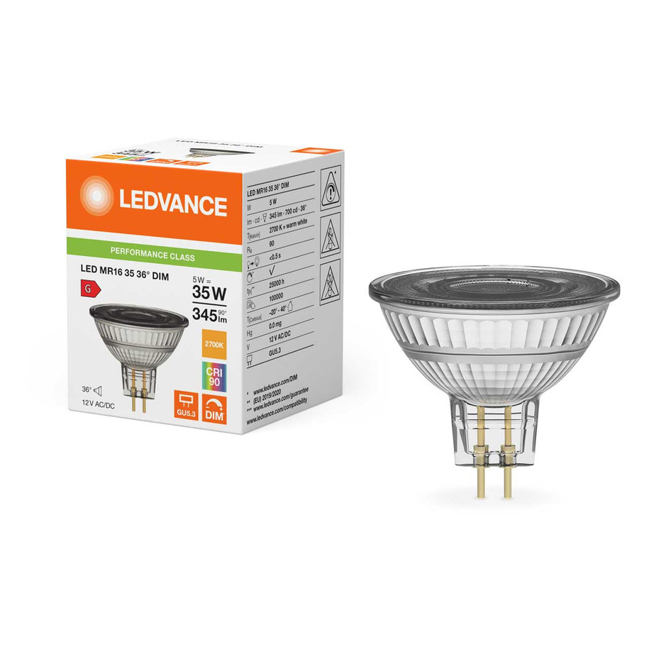 Ledvance LED MR16 Bulb 5W GU5.3 12V Dimmable Performance Class Warm White 36° 2