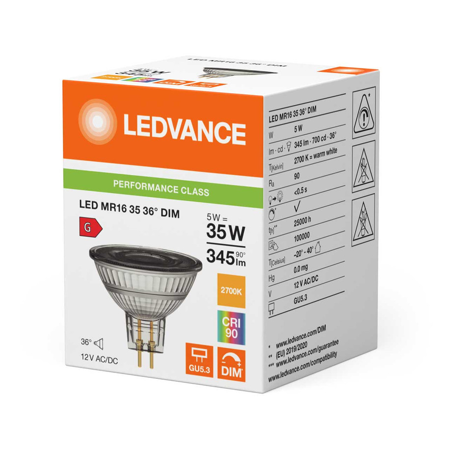 Ledvance LED MR16 Bulb 5W GU5.3 12V Dimmable Performance Class Warm White 36° 3