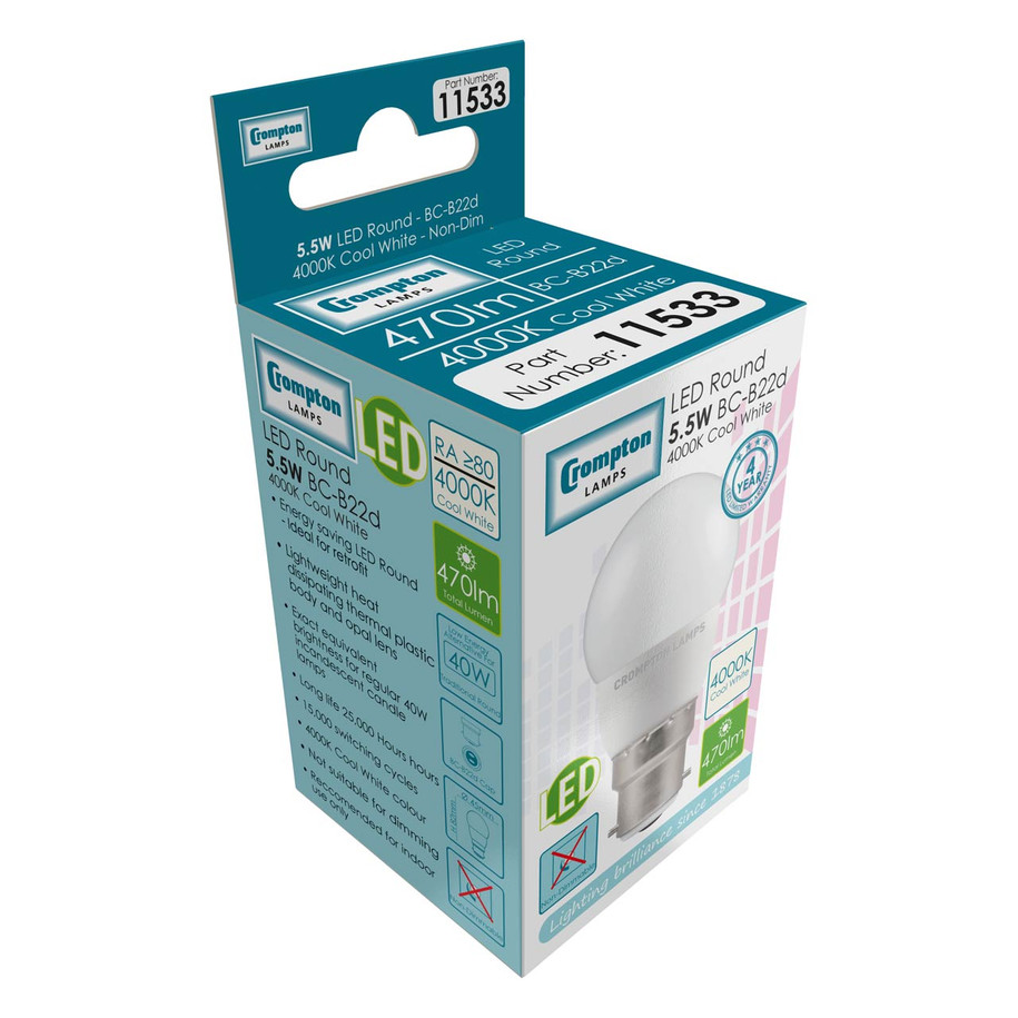 Crompton Lamps LED Golfball 5.5W B22 (10 Pack) Cool White Opal (40W Eqv) 3