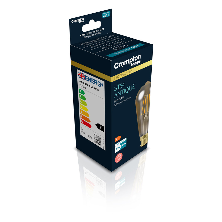 5-Pack Crompton ST64 LED Light Bulbs B22 4.5W (35W Eqv) Dim Extra Warm White Antique Squirrel Cage Filament Bayonet Vintage Edison 3