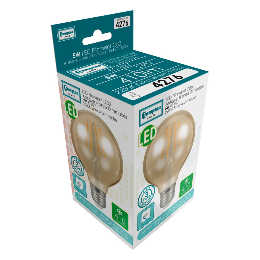 Crompton Globe LED Light Bulb G80 E27 5W (35W Eqv) Warm White 5-Pack Vintage 3