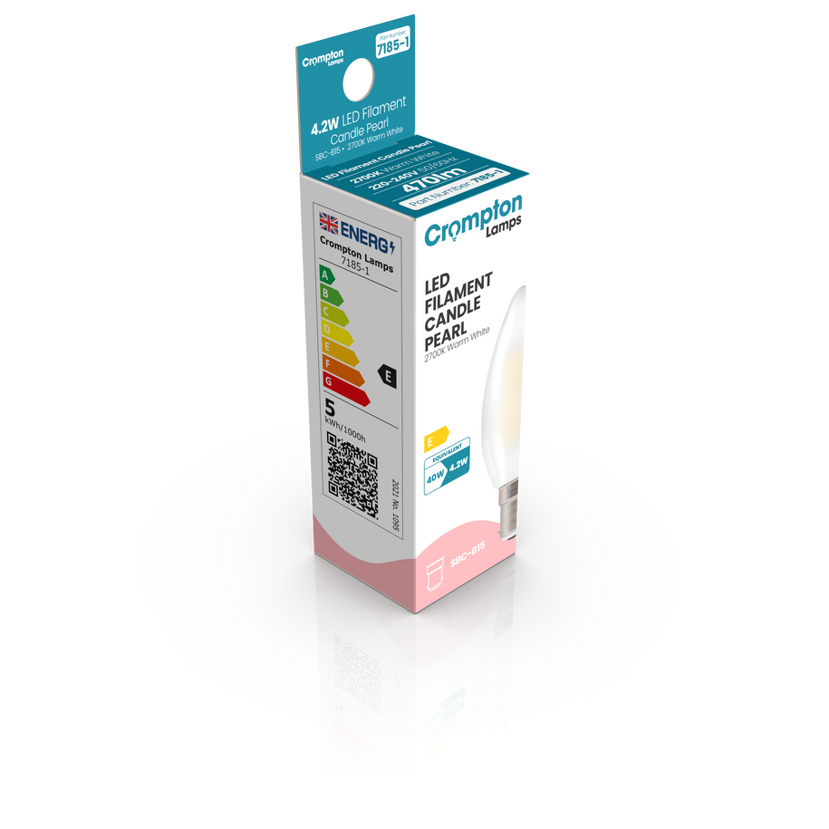 5-Pack Crompton Candle LED Light Bulbs B15 4.2W (40W Eqv) Dim Warm White Pearl Filament Small Bayonet Frosted 3