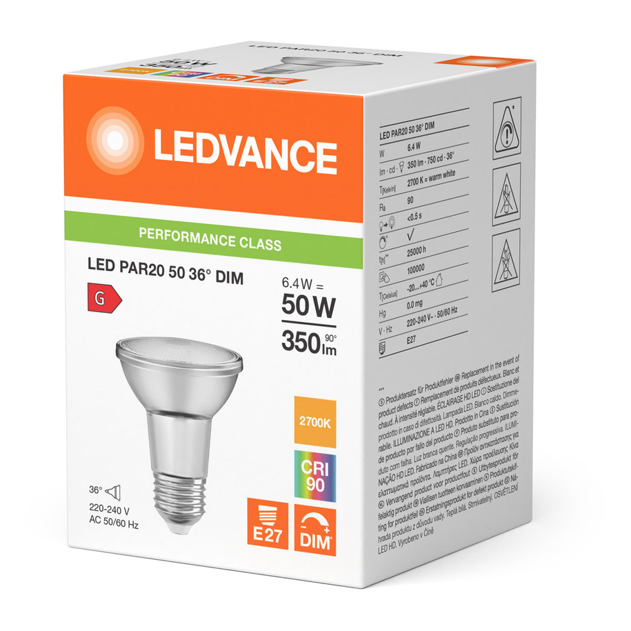Ledvance PAR20 Reflector LED Light Bulb E27 6.4W (50W Eqv) Dim Warm White Diffused Performance Class Spotlight Screw 36° 3