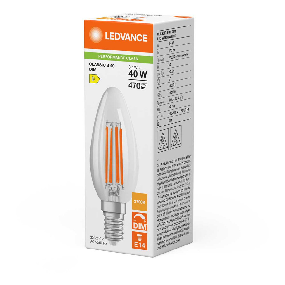 Ledvance Candle LED Light Bulb Dim E14 3.4W (40W Eqv) Warm White 10-Pack Performace Class Clear 4