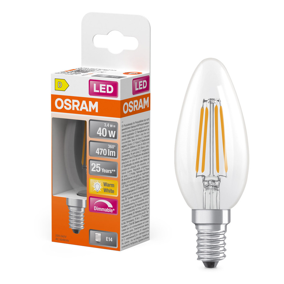 10-Pack Ledvance Candle LED Classic B Light Bulbs E14 3.4W (40W Eqv) Dim Warm White Clear Superstar Small Screw Filament 3