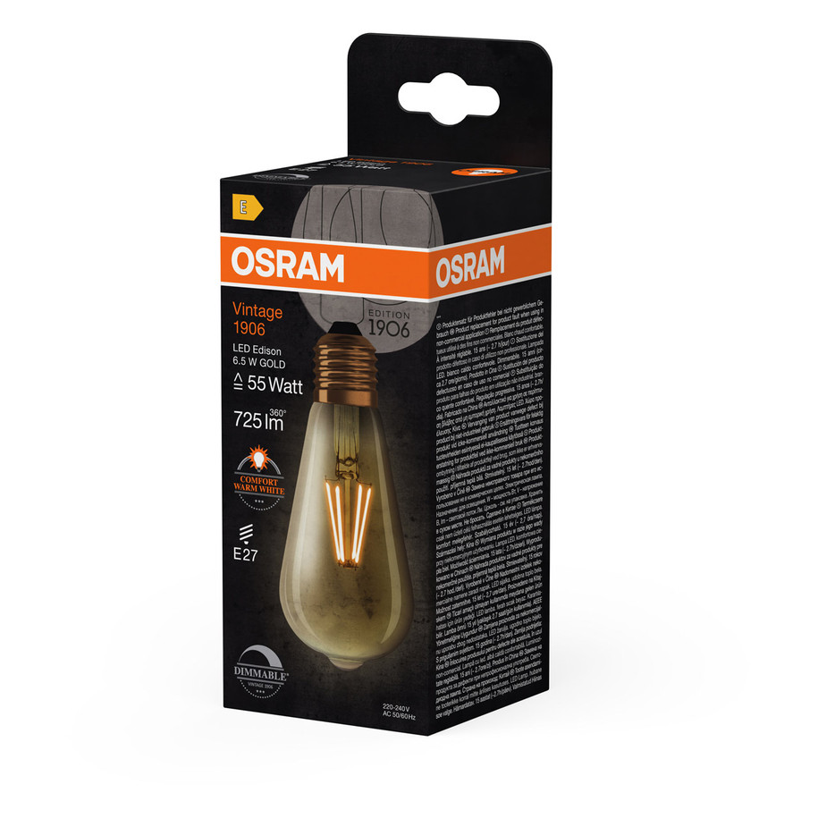 5-Pack Osram ST64 LED Edison Light Bulbs E27 6.5W (55W Eqv) Dim Extra Warm White Clear Vintage 1906 Squirrel Cage Screw Filament 5