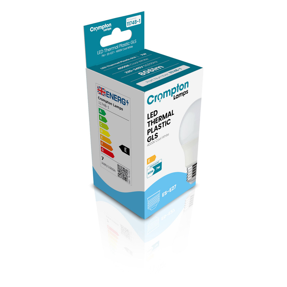 5-Pack Crompton GLS LED Light Bulbs E27 7W (60W Eqv) Cool White Opal Screw Thermal Plastic Frosted 3