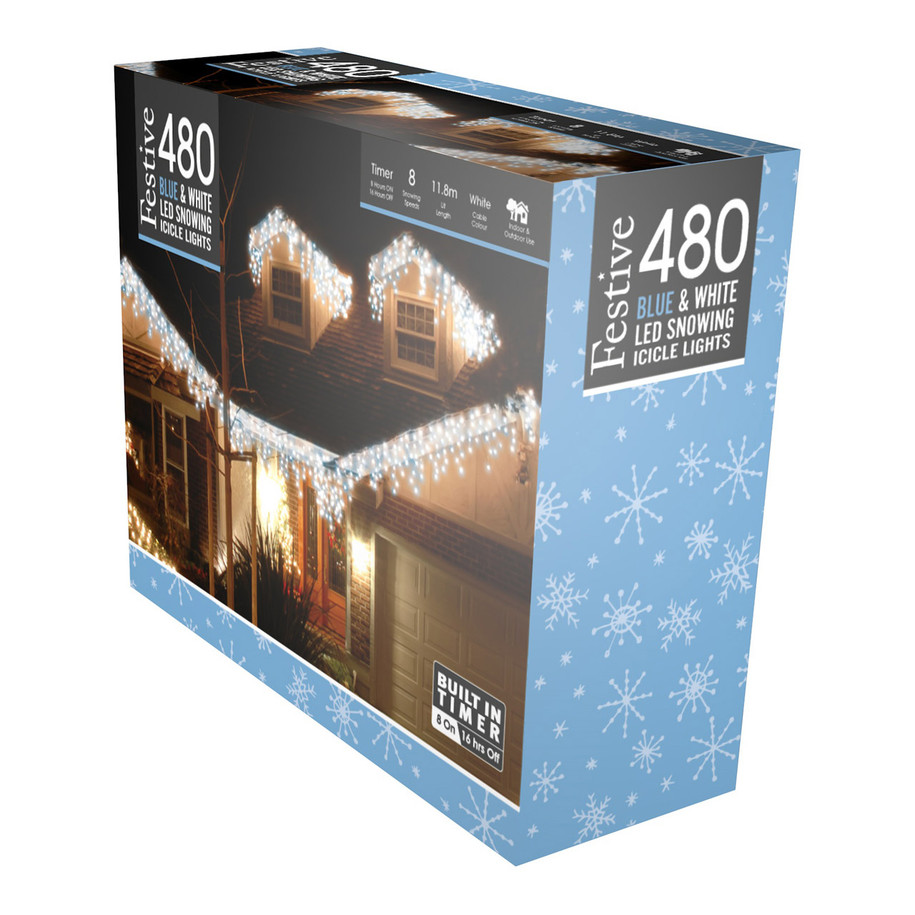 Festive 11.8m Indoor & Outdoor Snowing Effect Icicle Christmas Lights 480 Blue & White LEDs 2