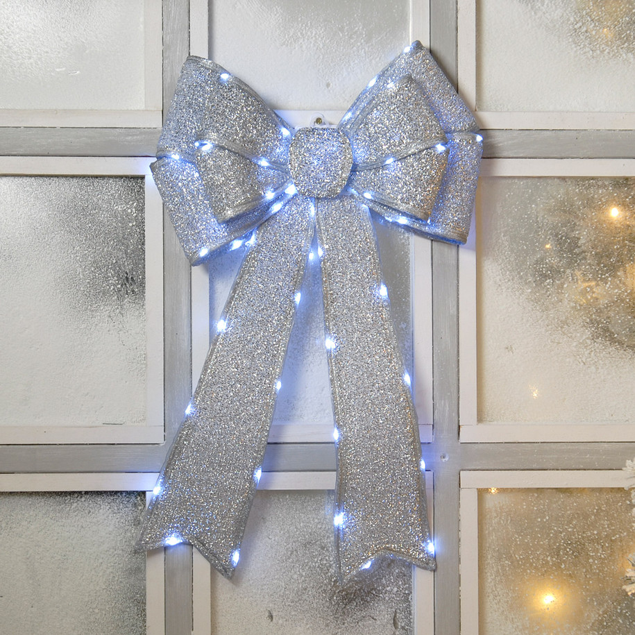 Festive Silver Battery Operated Christmas Door Bow with 84 Cool White LEDs 1