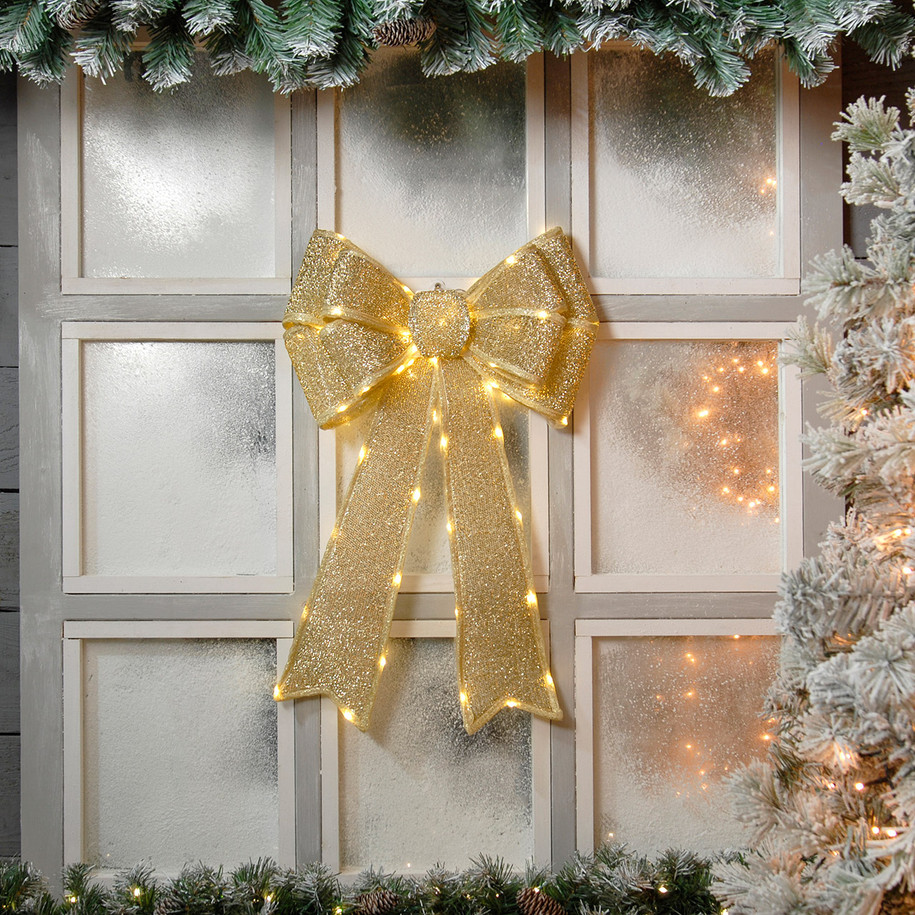 Festive Gold Battery Operated Christmas Door Bow with 84 Warm White LEDs 2