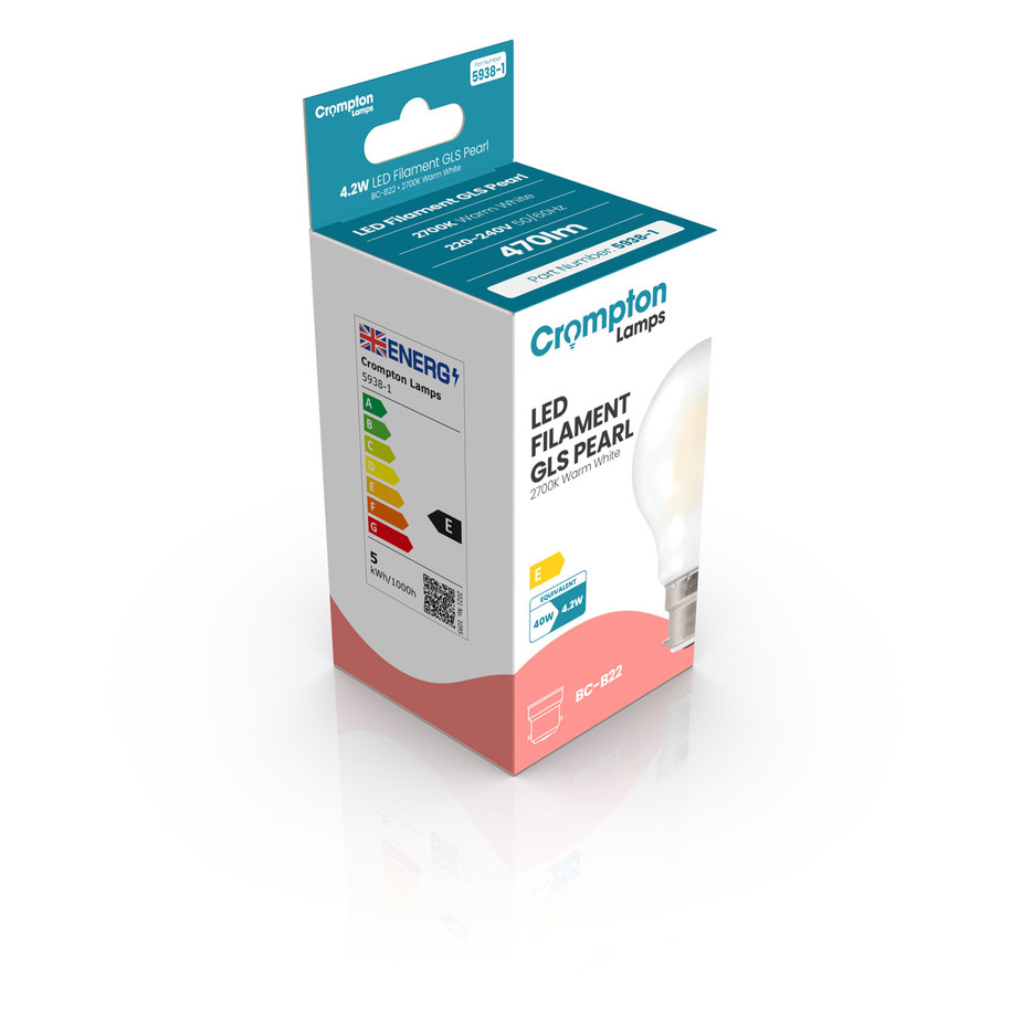 5-Pack Crompton GLS LED Light Bulbs B22 4.2W (40W Eqv) Dim Warm White Pearl Filament Bayonet Frosted 3