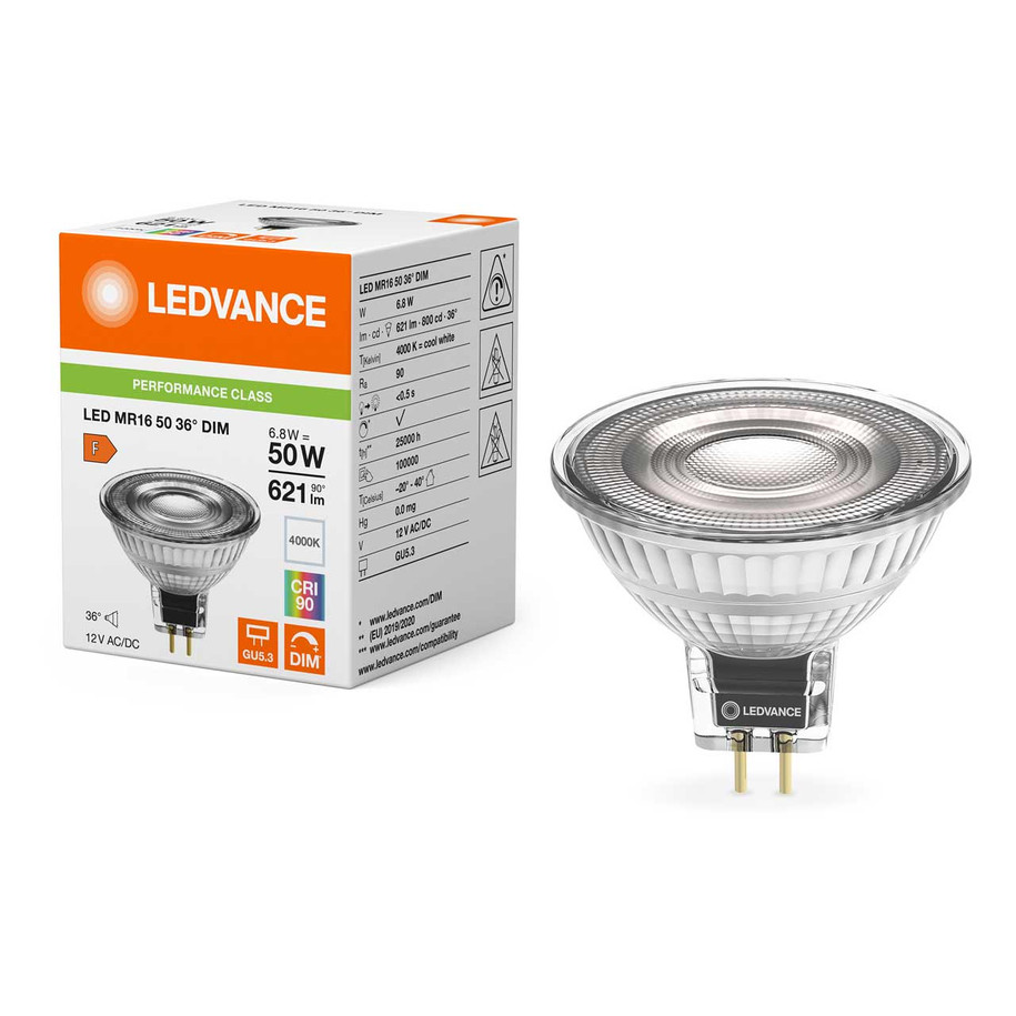Ledvance LED MR16 Bulbs 6.8W GU5.3 12V Dimmable Performance Class (5 Pack) Cool White 36° 3