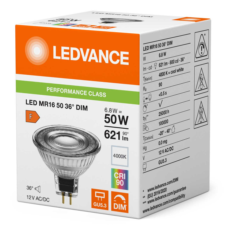 Ledvance LED MR16 Bulbs 6.8W GU5.3 12V Dimmable Performance Class (10 Pack) Cool White 36° 5