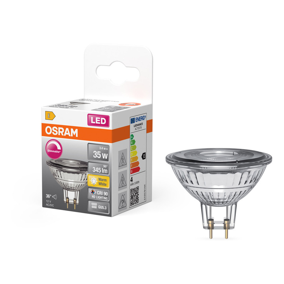 10-Pack Osram MR16 Spotlight LED Light Bulbs 3.4W (35W Eqv) 12V Dim Warm White Superstar Halogen Replacement 2-Pin 36° 3