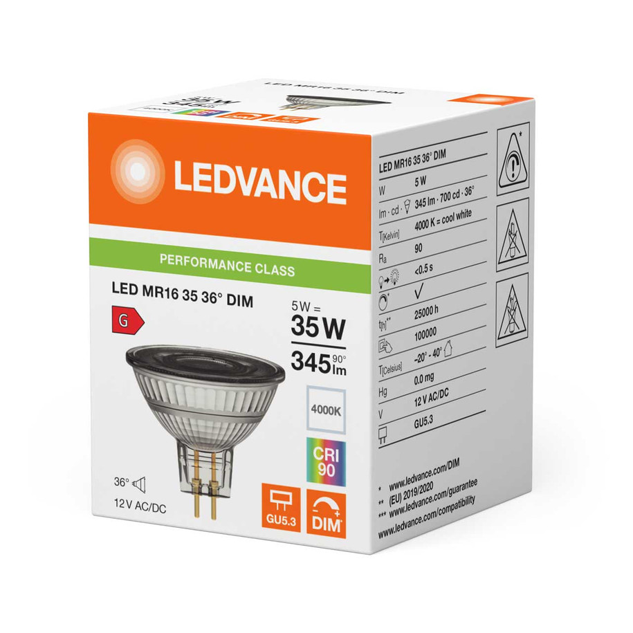 Ledvance LED MR16 Bulb 5W GU5.3 12V Dimmable Performance Class Cool White 2