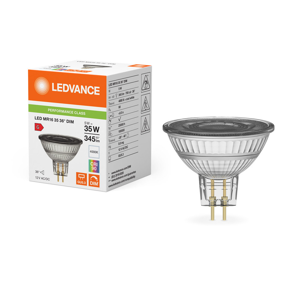 Ledvance MR16 Spotlight LED Light Bulb 5W (35W Eqv) 12V Dim Cool White Performance Class Halogen Replacement 2-Pin 36° 2