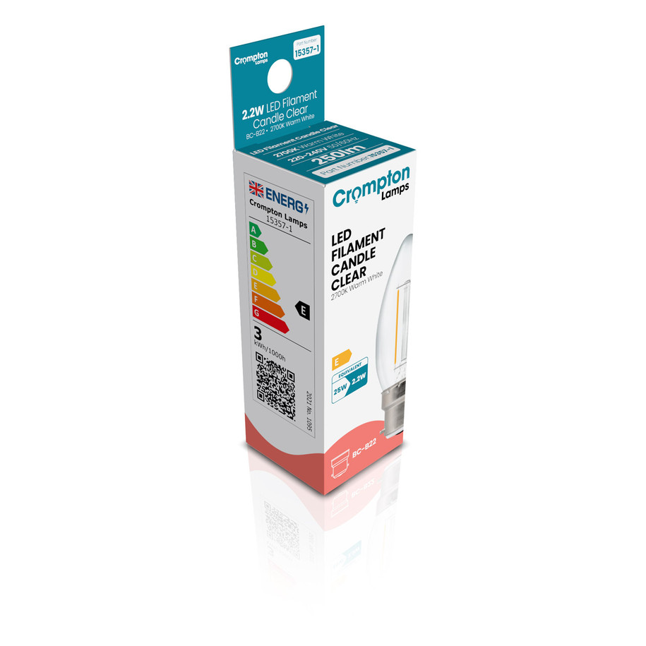 Crompton Candle LED Light Bulb B22 2.2W (25W Eqv) Dimmable Warm White Clear Filament Bayonet 2