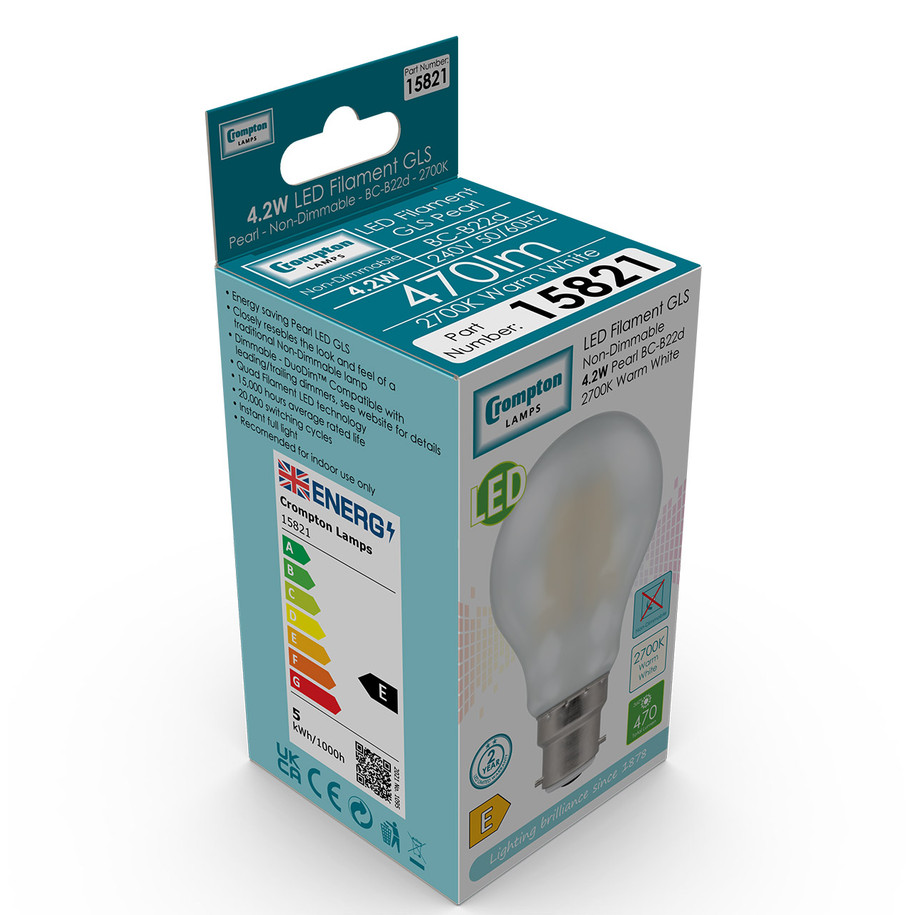 Crompton GLS LED Light Bulb B22 4.2W (40W Eqv) Warm White 10-Pack Filament Pearl 3