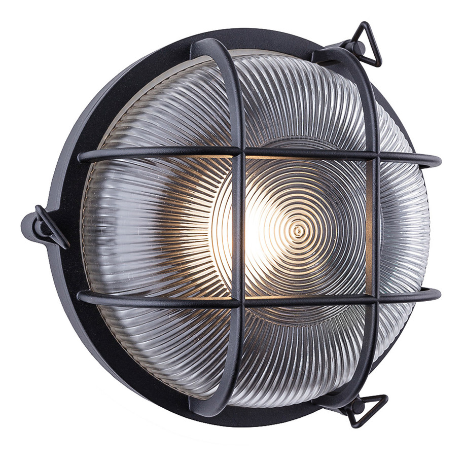 Firstlight Turin Retro Style Round Bulkhead in Black and Clear Ribbed Glass 1