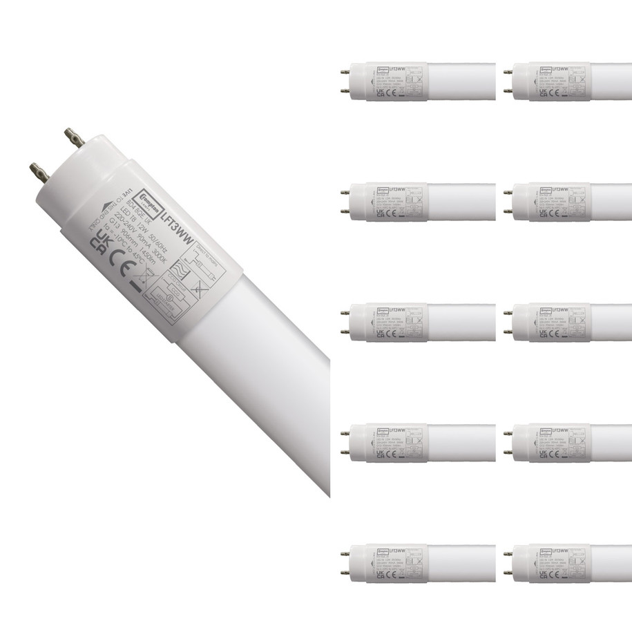 Crompton T8 LED Tube Light 3ft 12W (30W Eqv) Warm White 10-Pack Opal 1