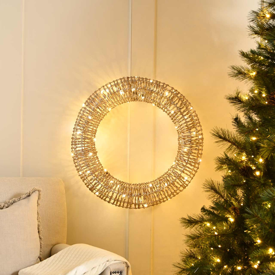 Festive 60cm Battery Operated Lit Champagne Gold Wreath 1