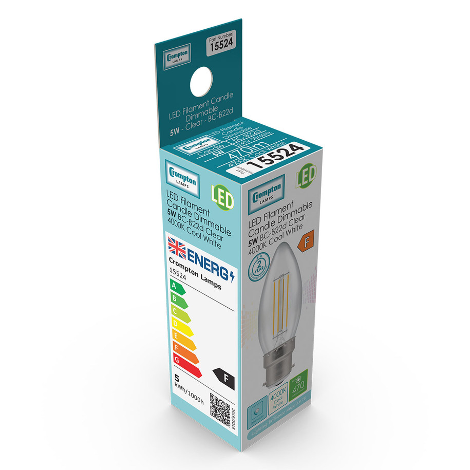 Crompton Candle LED Light Bulb Dimmable B22 5W (40W Eqv) Cool White 5-Pack Clear 3