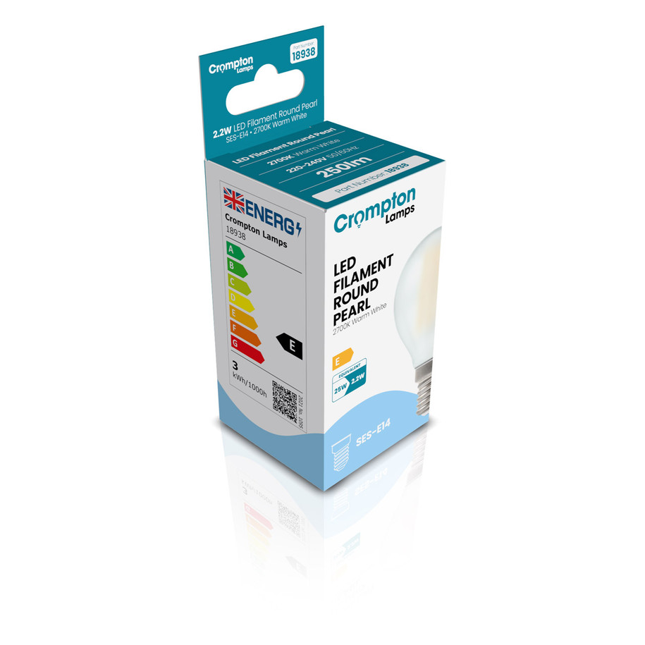 3-Pack Crompton Golfball LED Light Bulbs E14 2.2W (25W Eqv) Dim Warm White Pearl Filament Round Small Screw Frosted 3