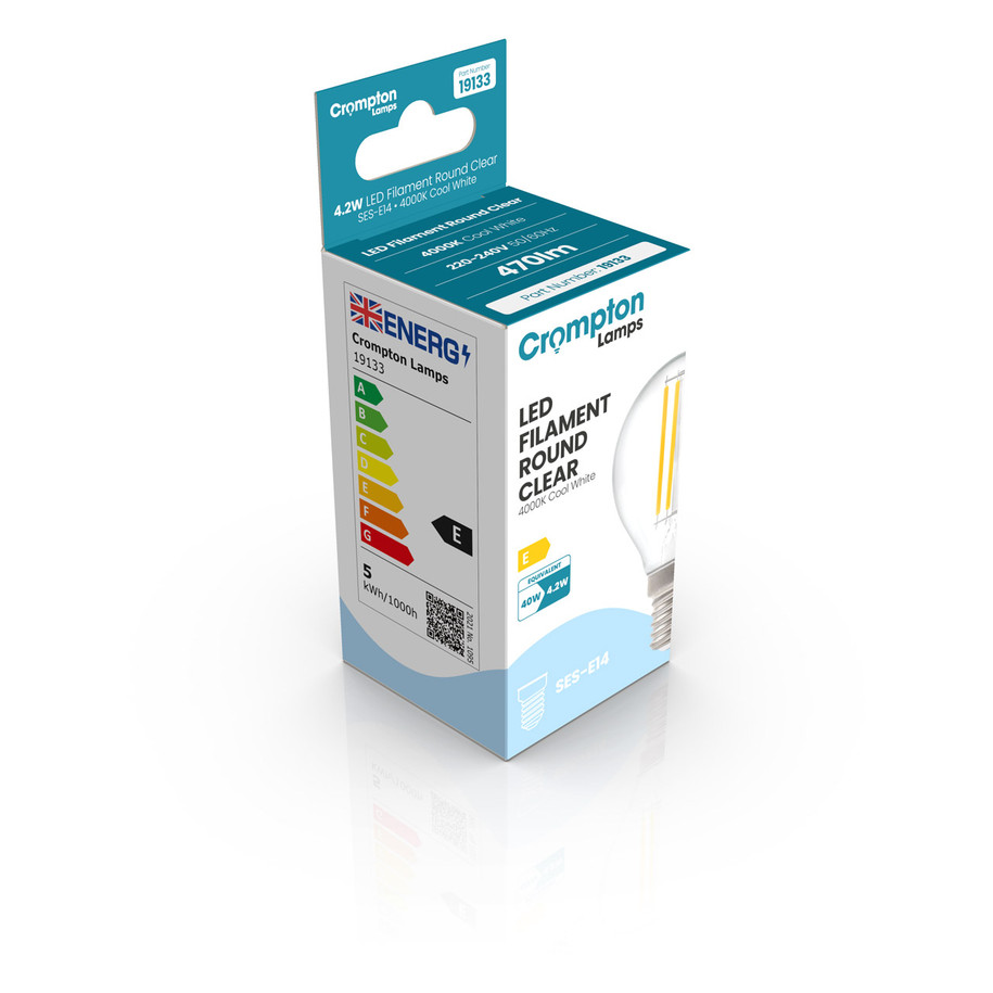 Crompton Lamps LED Golfball 4.2W E14 Filament 10-Pack Cool White Clear 40W Eqv 2