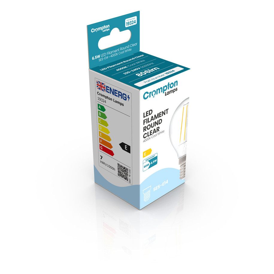 Crompton Lamps LED Golfball 6.5W E14 Filament Cool White Clear 60W Eqv 2