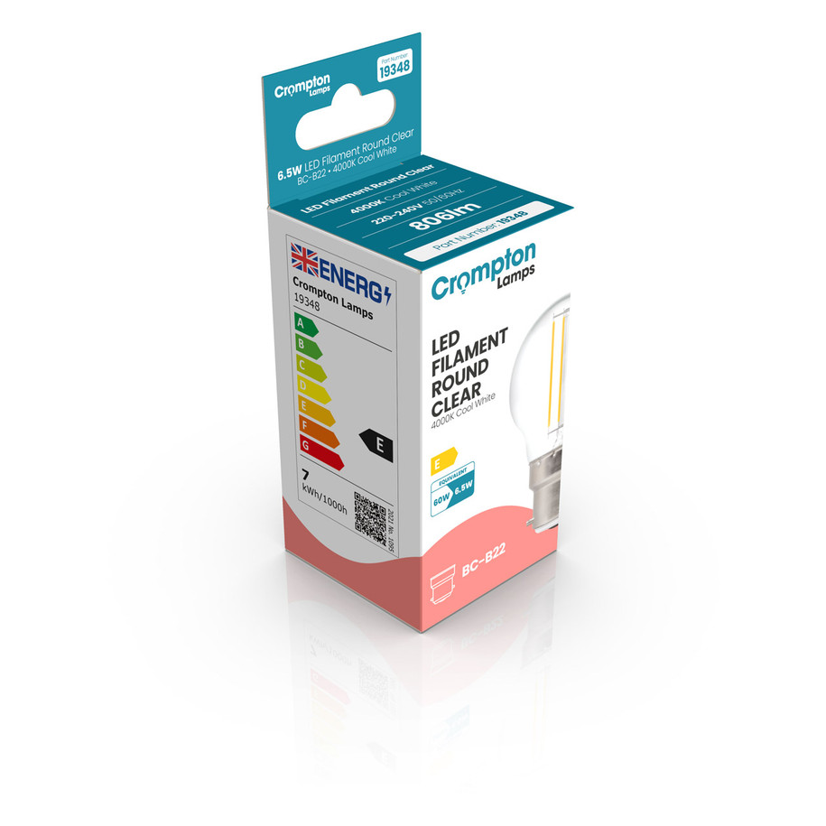 Crompton Lamps LED Golfball 6.5W B22 Dimmable Filament Cool White Clear 60W Eqv 2