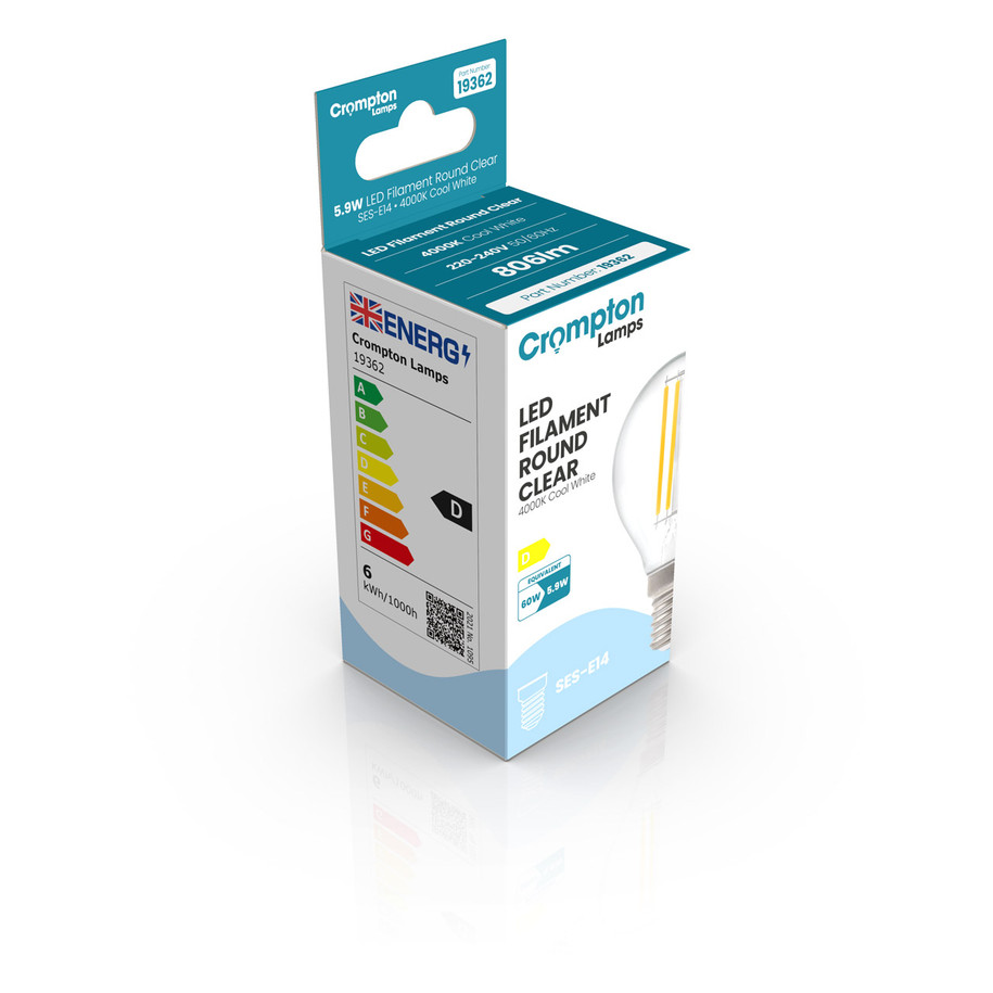 Crompton Lamps LED Golfball 5.9W E14 Dimmable Filament 3-Pack Cool White Clear 60W Eqv 2