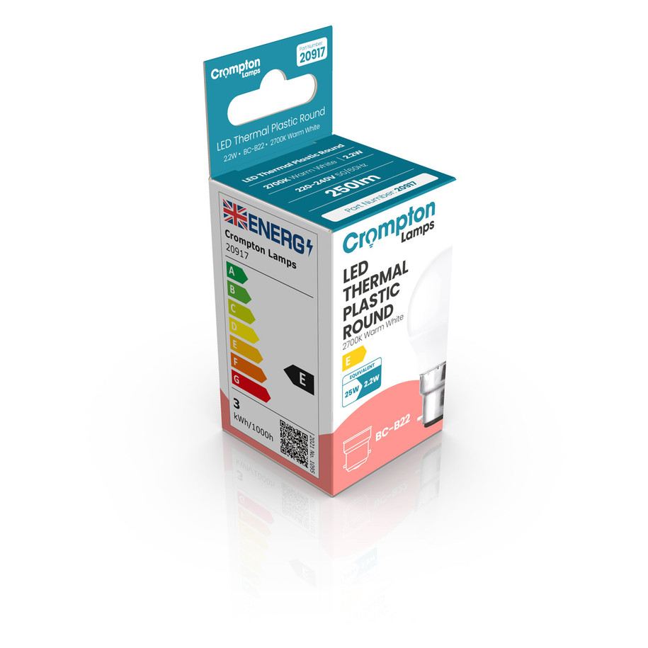 Crompton Lamps LED Golfball 2.2W B22 Warm White Opal 25W Eqv 2