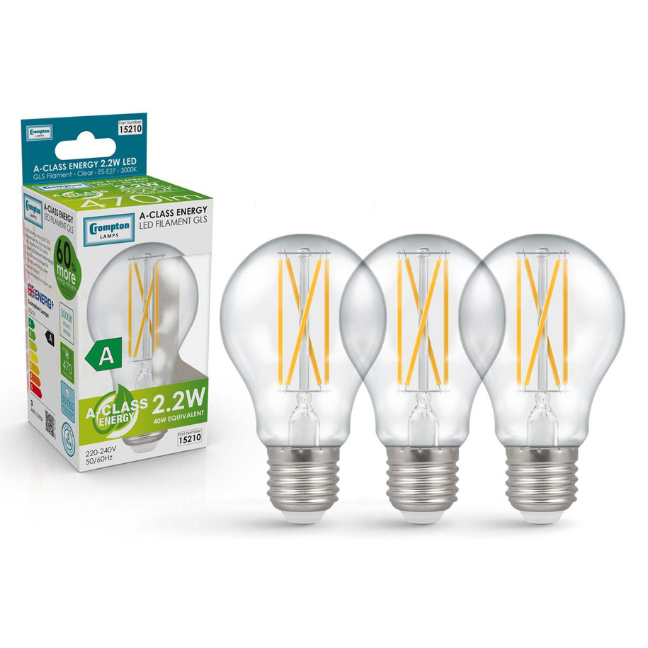 Crompton GLS LED Light Bulb Ultra-Efficient E27 2.2W (40W Eqv) Warm White 3-Pack A-Class Clear