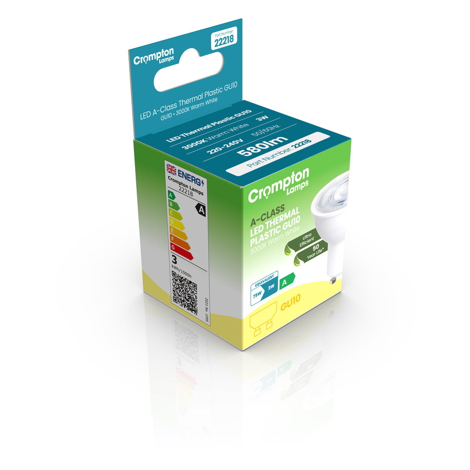 Crompton GU10 Spotlight LED Bulb Ultra-Efficient 3W (75W Eqv) Warm White A-Class 36° 3