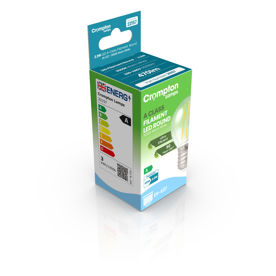 Crompton Golfball LED Light Bulb Ultra-Efficient E27 2.2W (40W Eqv) Warm White 10-Pack A-Class Clear 3