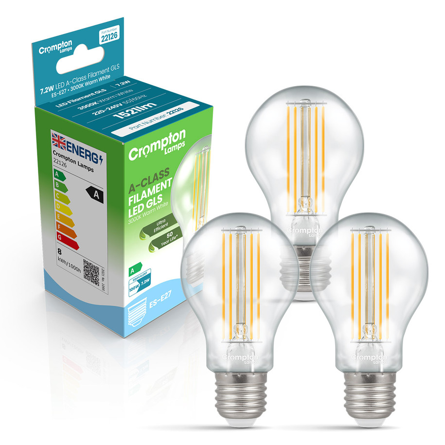 Crompton GLS LED Light Bulb Ultra-Efficient E27 7.2W (100W Eqv) Warm White 3-Pack A-Class Clear